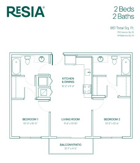 A floor plan for a Resia 2 Bedroom, 2 Bathroom apartment.